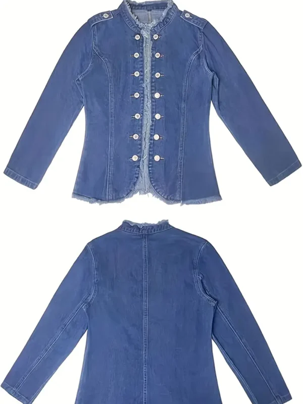 Women's Elegant Blue Frayed Denim Jacket - Image 5