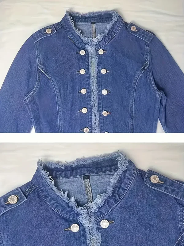 Women's Elegant Blue Frayed Denim Jacket - Image 4